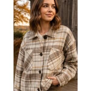 Plaid Wool Blend Barn Jacket XL Cropped Shacket Neutral Cabincore Western